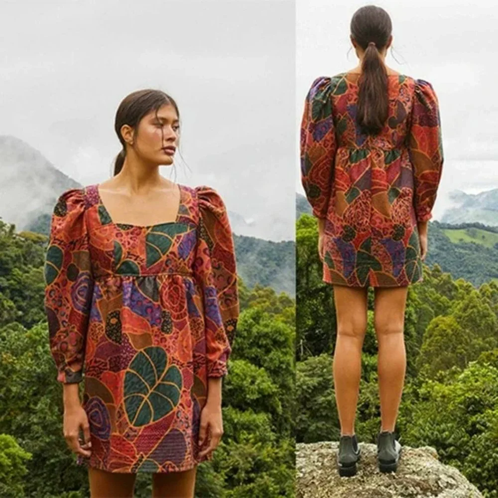 Farm Rio Hidden Animals Fleece Dress Empire Waist Women's Multi Size Medium NWT - Picture 1 of 7